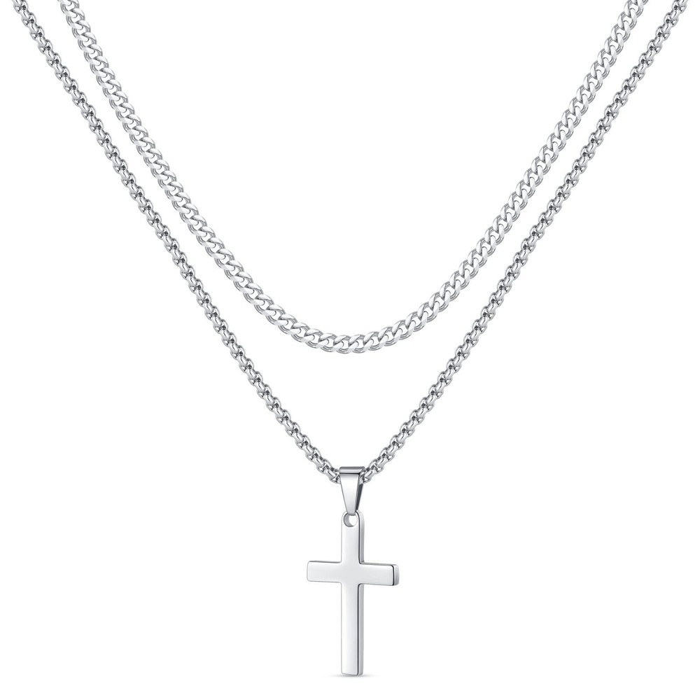 Simple Cross Necklace for Men Women Boy Stainless Steel Pendant Cuban Rolo Chain