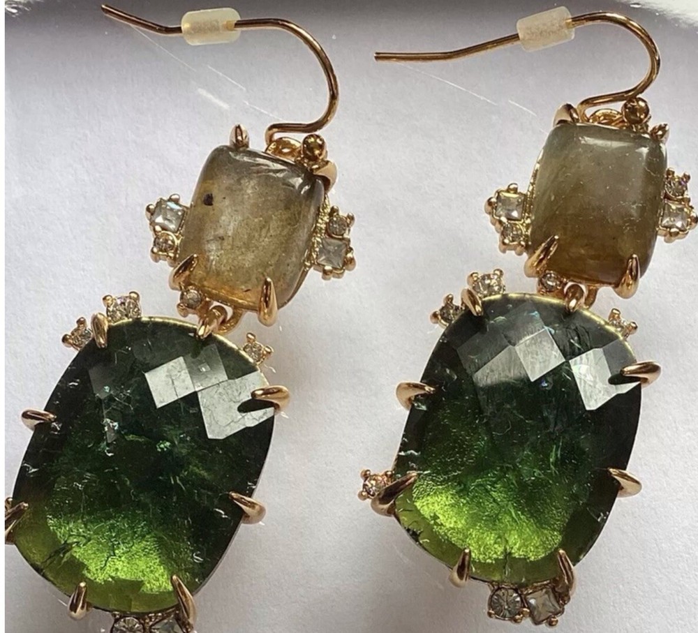 ALEXIS BITTAR ELEMENTS CRYSTAL DOUBLE DROP EARRINGS GREEN/GOLD-EUC- W/ POUCH-image