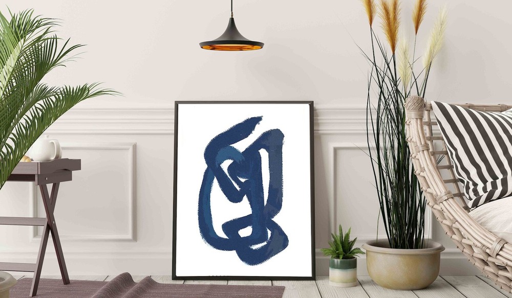 Abstract Blue Wall Art Original Art Acrylic Painting Thick Lines White