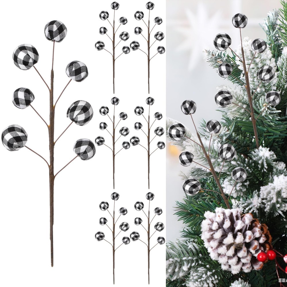 6 Pcs 11.8 Inch Christmas Buffalo Plaid Ball Pick Christmas Tree Decoration X...