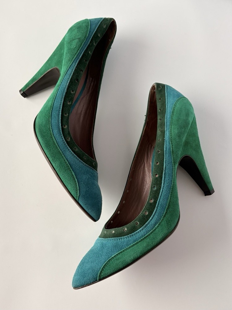 NO US DUTIES MIU MIU RUNWAY FW 2005 SUEDE HEELS TURQUOISE GREEN PUMPS 40 US 10