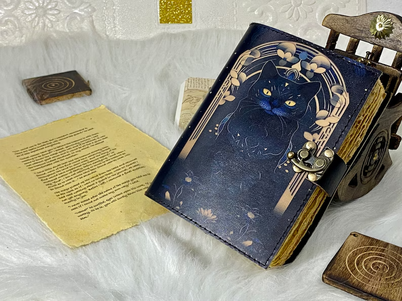 Handmade Vintage Leather Celtic Magic Cat Spell Journal