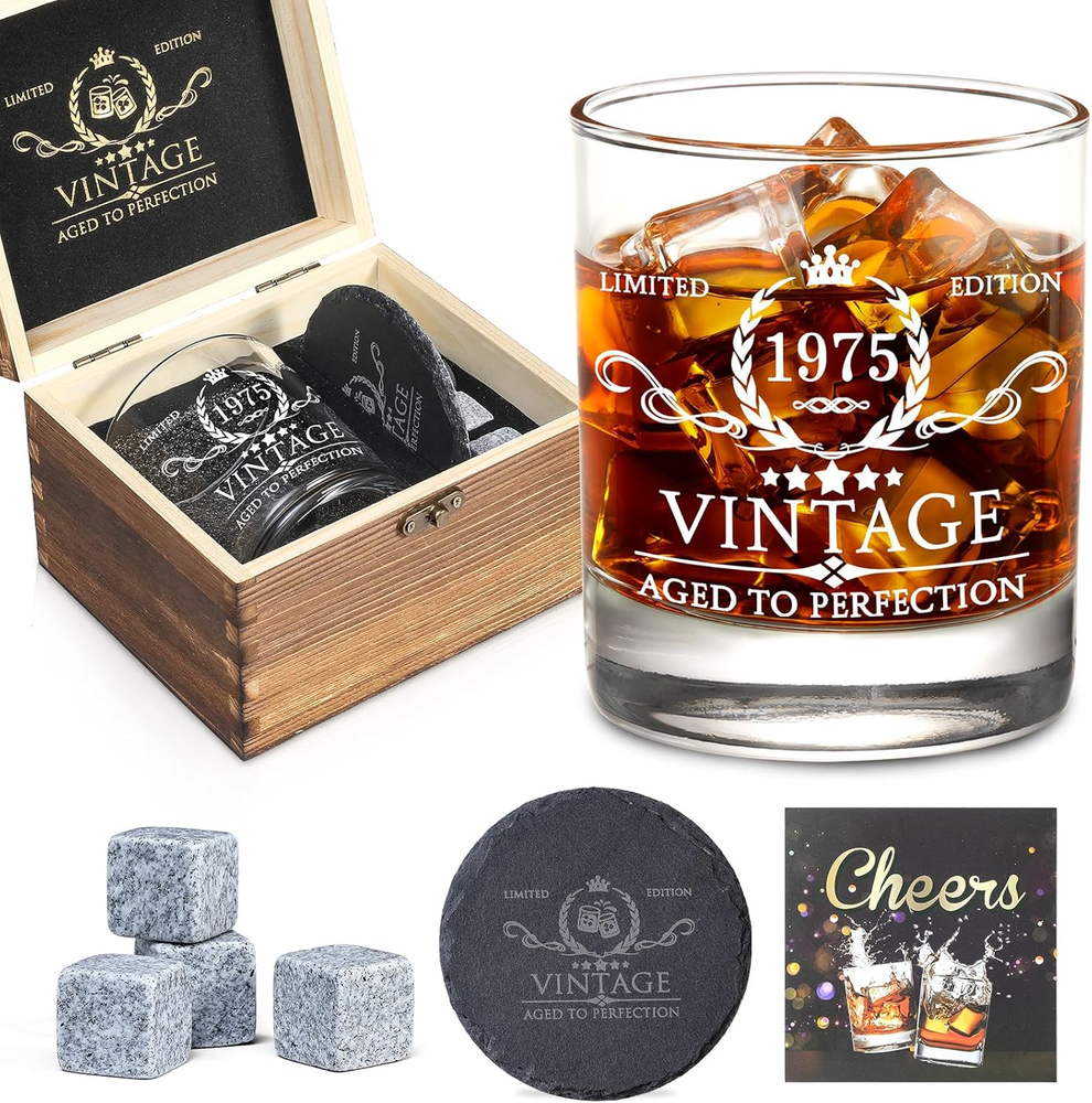 50th Birthday Gift Set for Men - Whiskey Glasses & Party Decorations  