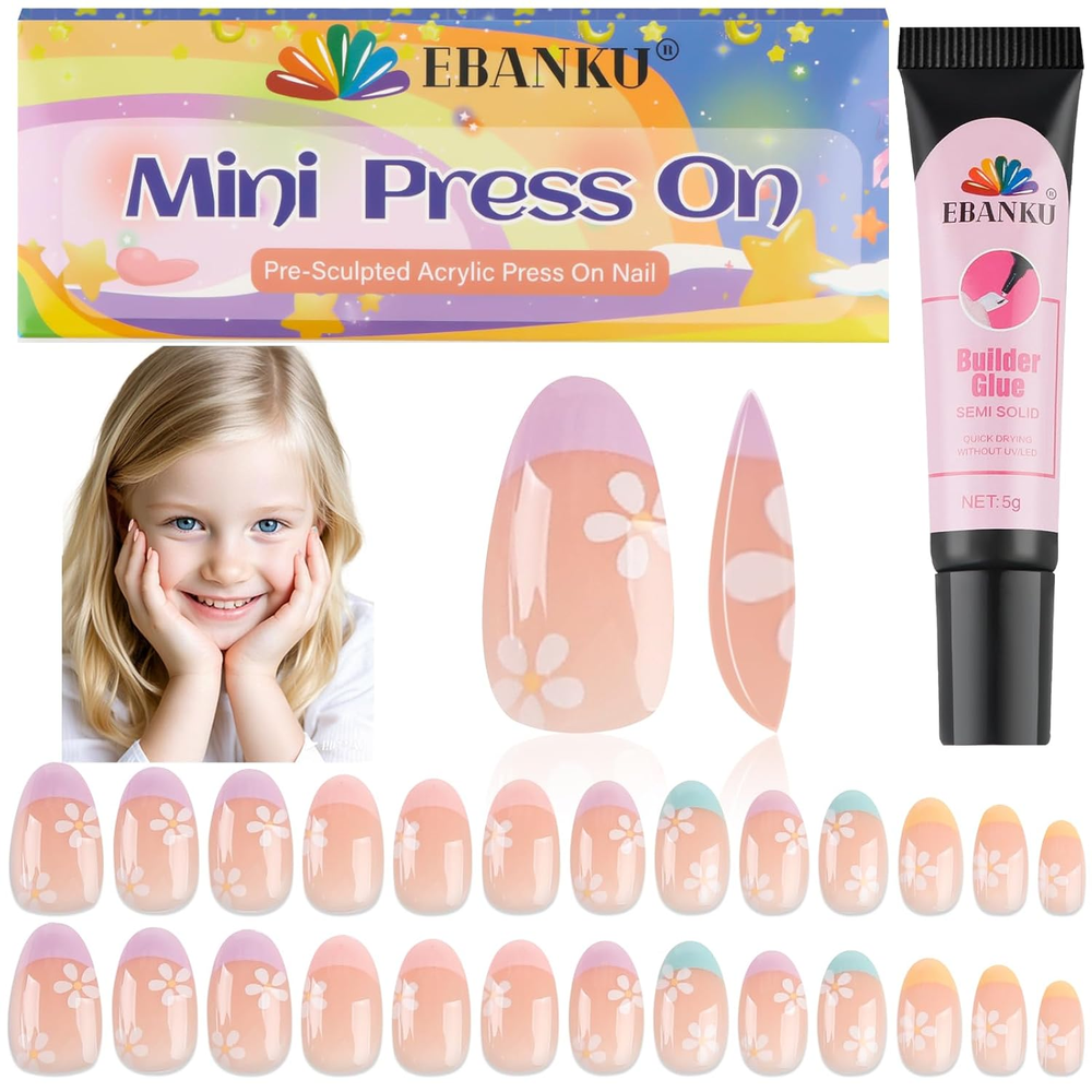 26 Pieces Press on Nails for Kids,  1 Pack Kid Fake Nail Pink Flower Press on Na