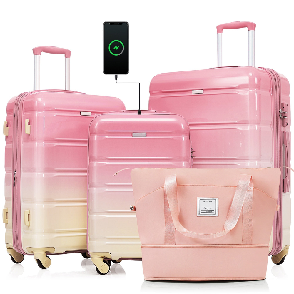 Luggage Sets 4 Piece, 20-inch with USB Port, Gradient Pink