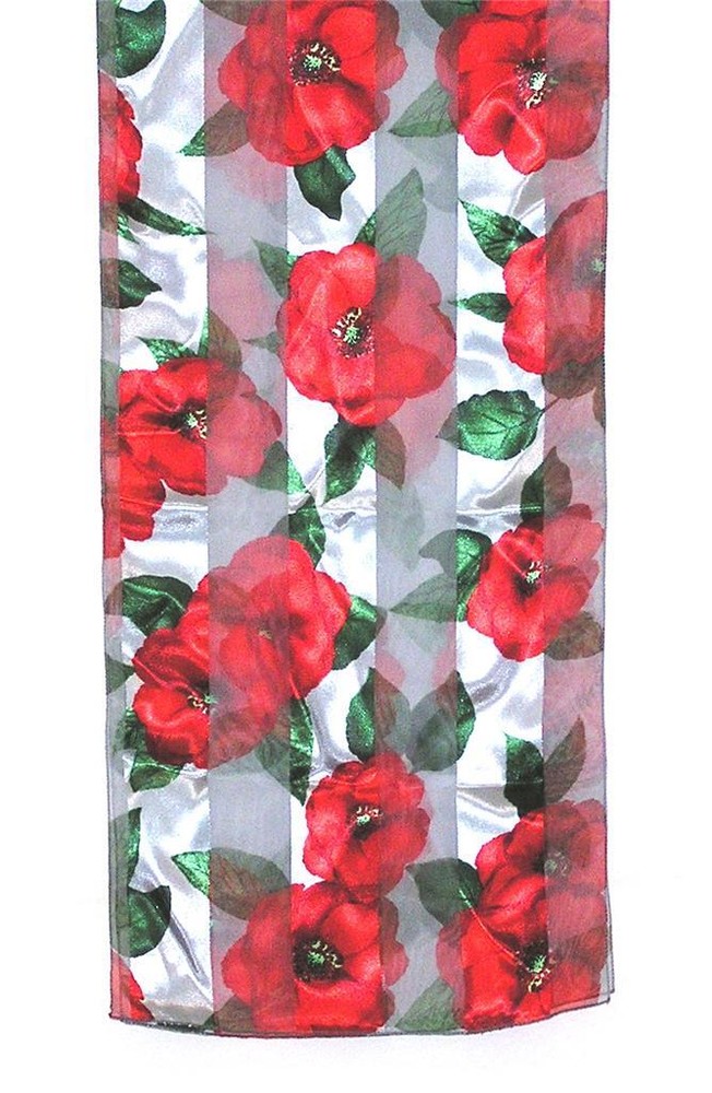 SCARF Long Pale Blue Background Light & Dark Red Floral BRIGHT FLOWERS