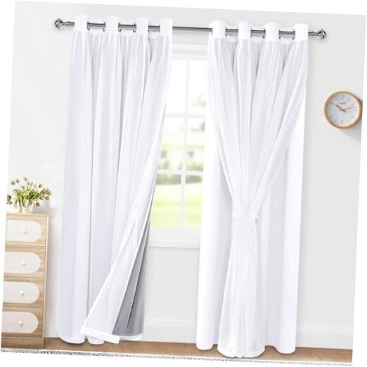 Double Layer Blackout Curtains 52x84 Inches White Set of 2