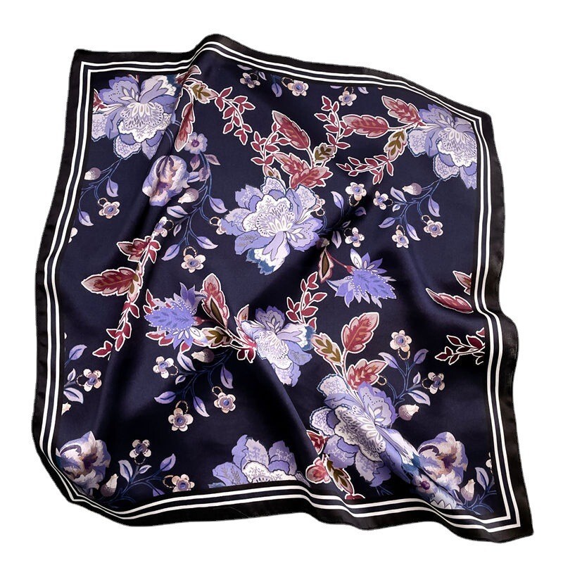 100% Silk Scarf Purple Floral Bandana for Women Head Neck Hair Accessory 53cm