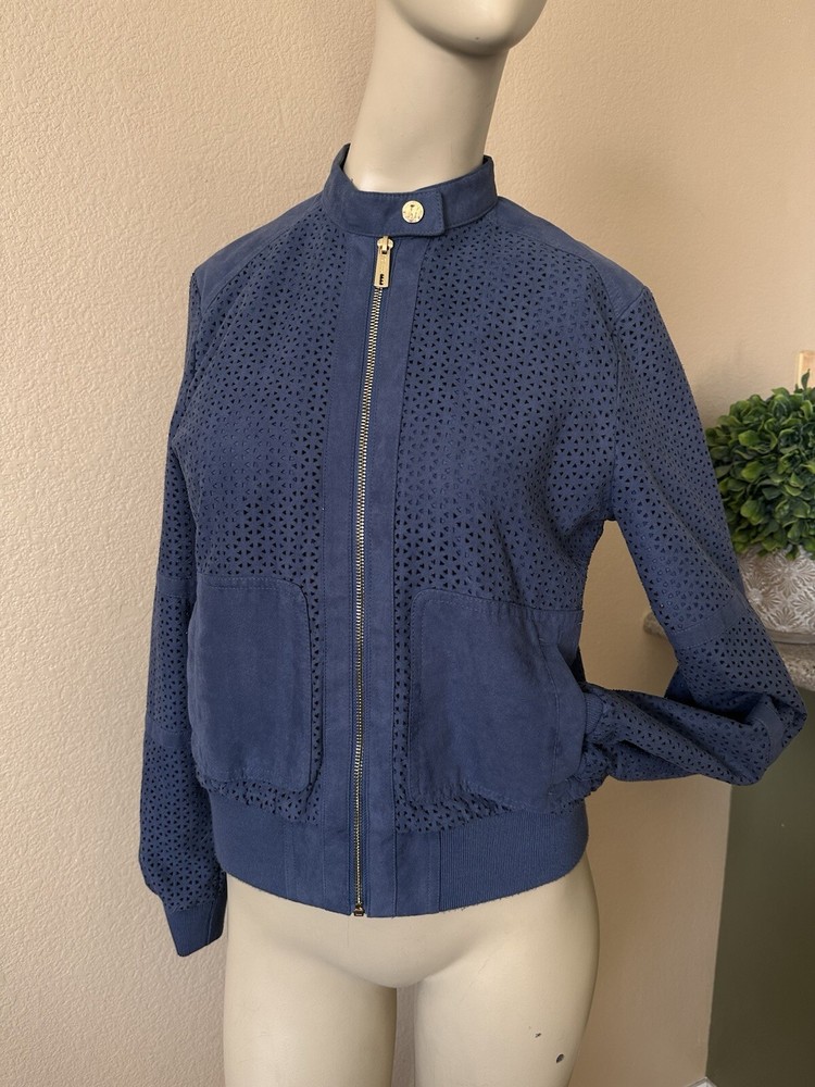 Kenneth Cole Reaction Bomber Jacket Women’s SM Full Zip Mock Neck Cut Outs-image