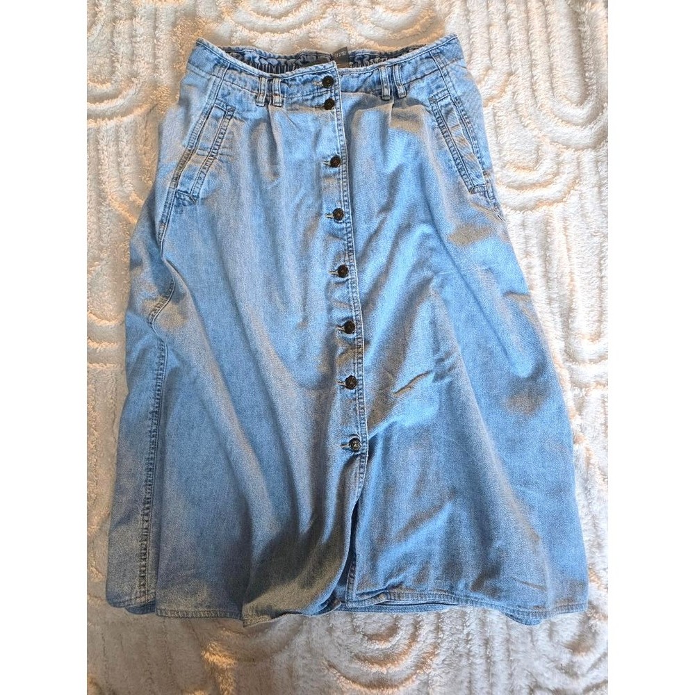 Vintage Lizwear Denim Button-Front Midi Skirt – Size 10 Petite – High Waist