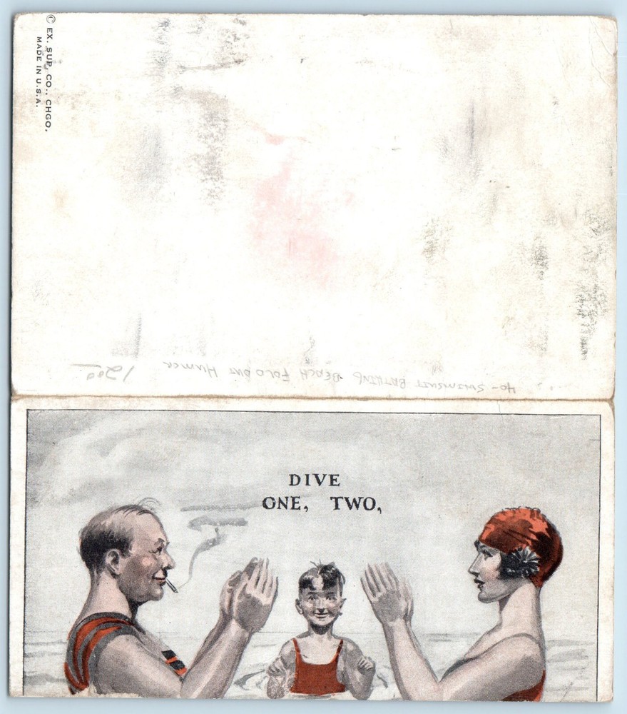 Humor Postcard Swimsuit Bathing Beach Fold Out Dive One Two Three c1905 Antique