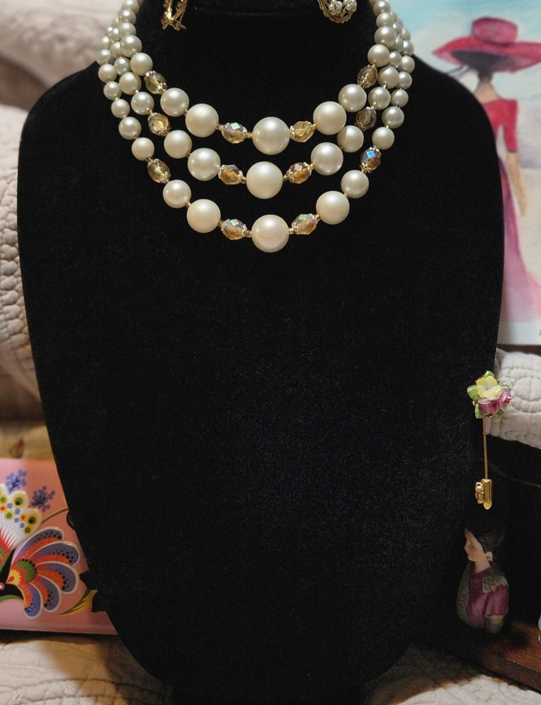 Vintage Three Strand Marked Japan Faux Pearl Necklace