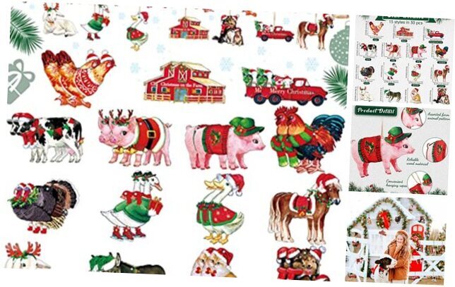 30 Pieces Christmas Farm Animal Ornament Xmas Wooden Hanging Ornament on The