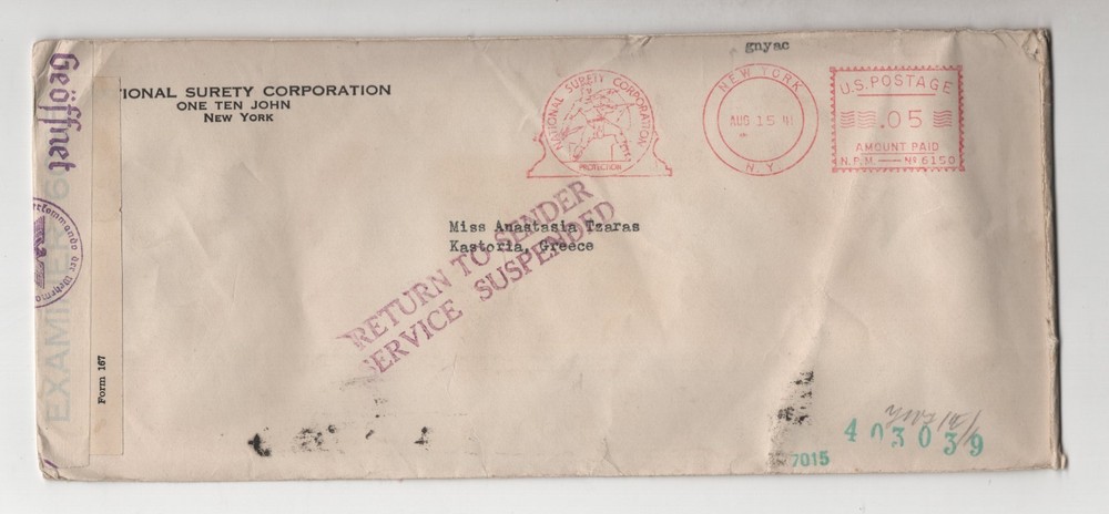 US TO GREECE 1941 CENSORED METERED WWII COVER RETURN TO SENDER SUSPENDED SERVICE