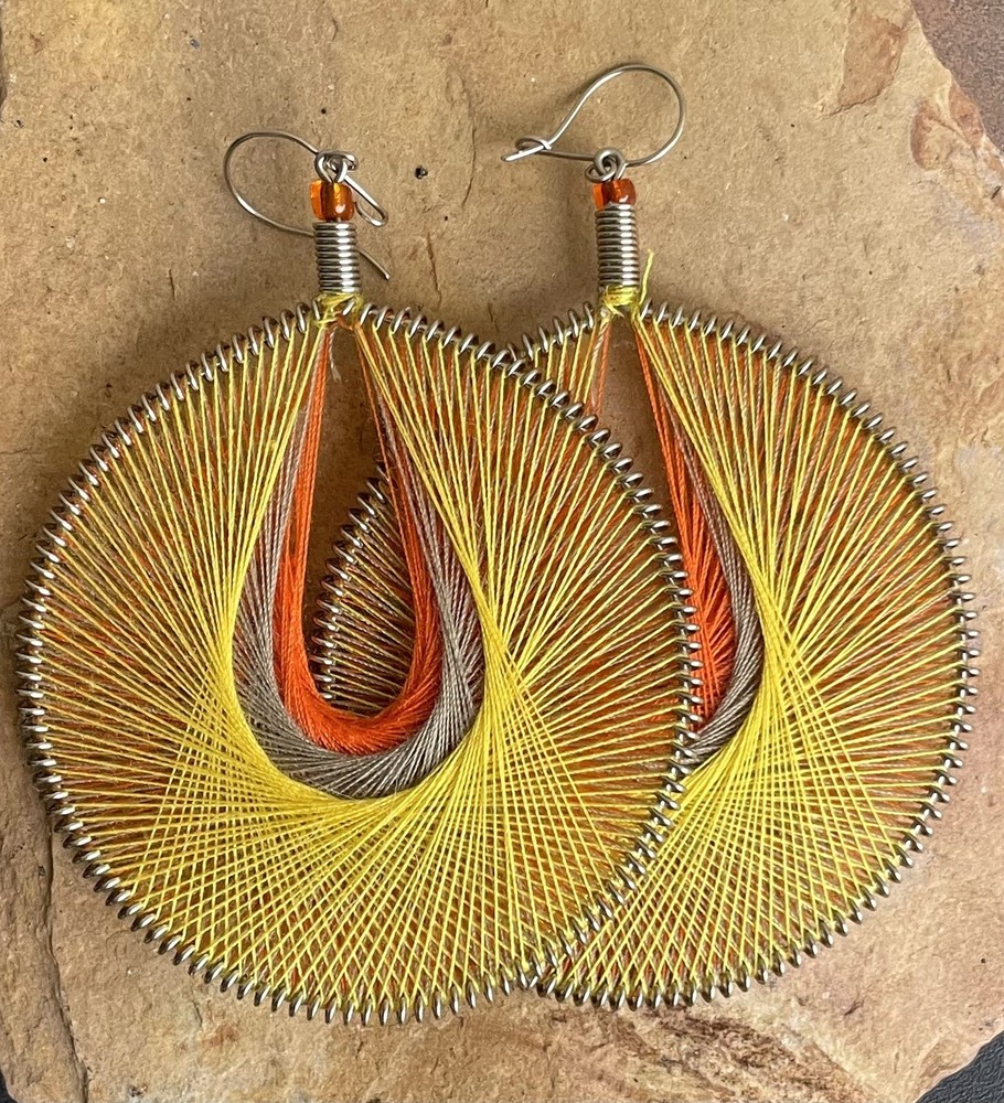 Large Handmade Boho Silk Thread Round Earrings in Yellow Orange Grey 3.5