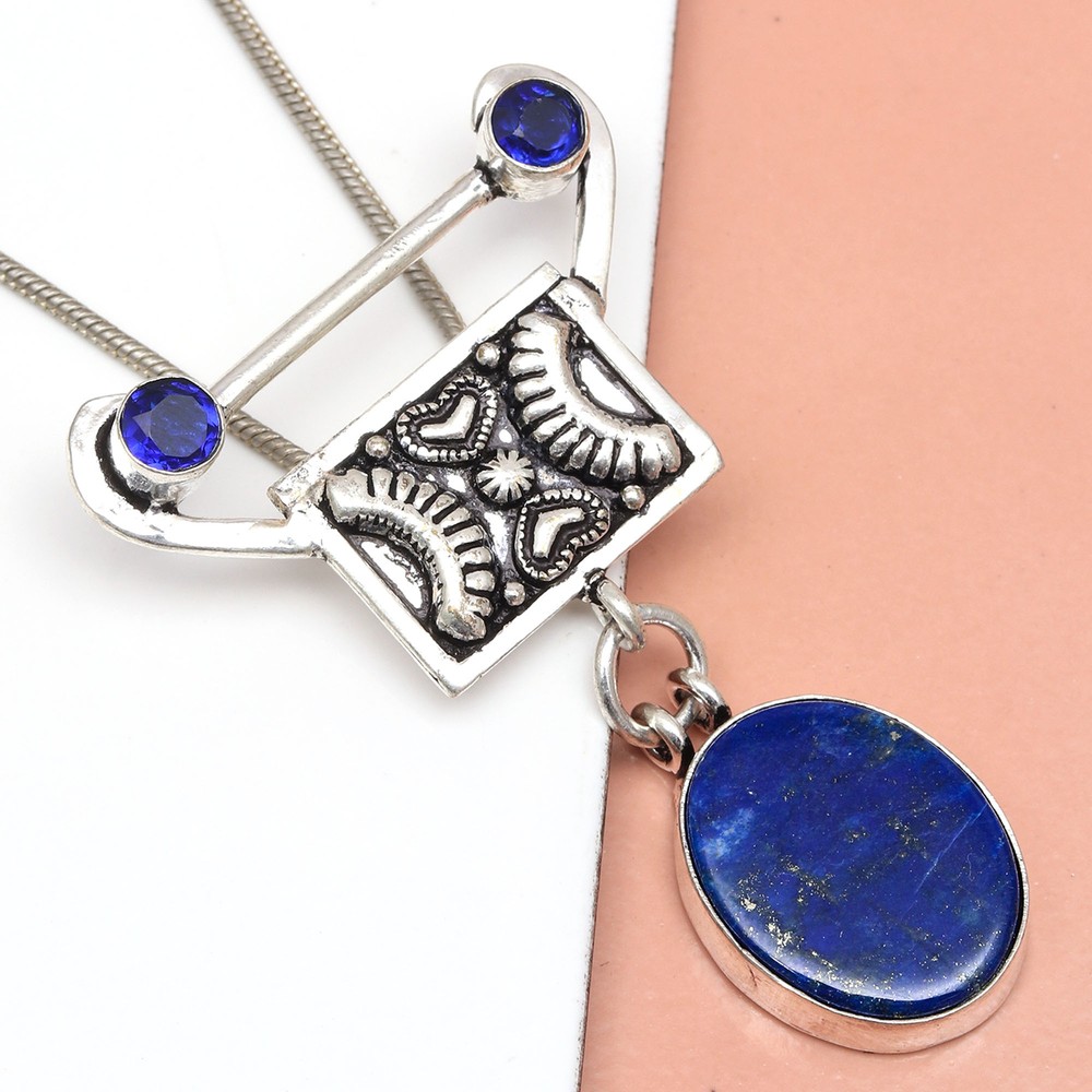Lapis Lazuli Gemstone Pendant Handmade in Sterling Silver 2.5 Inch