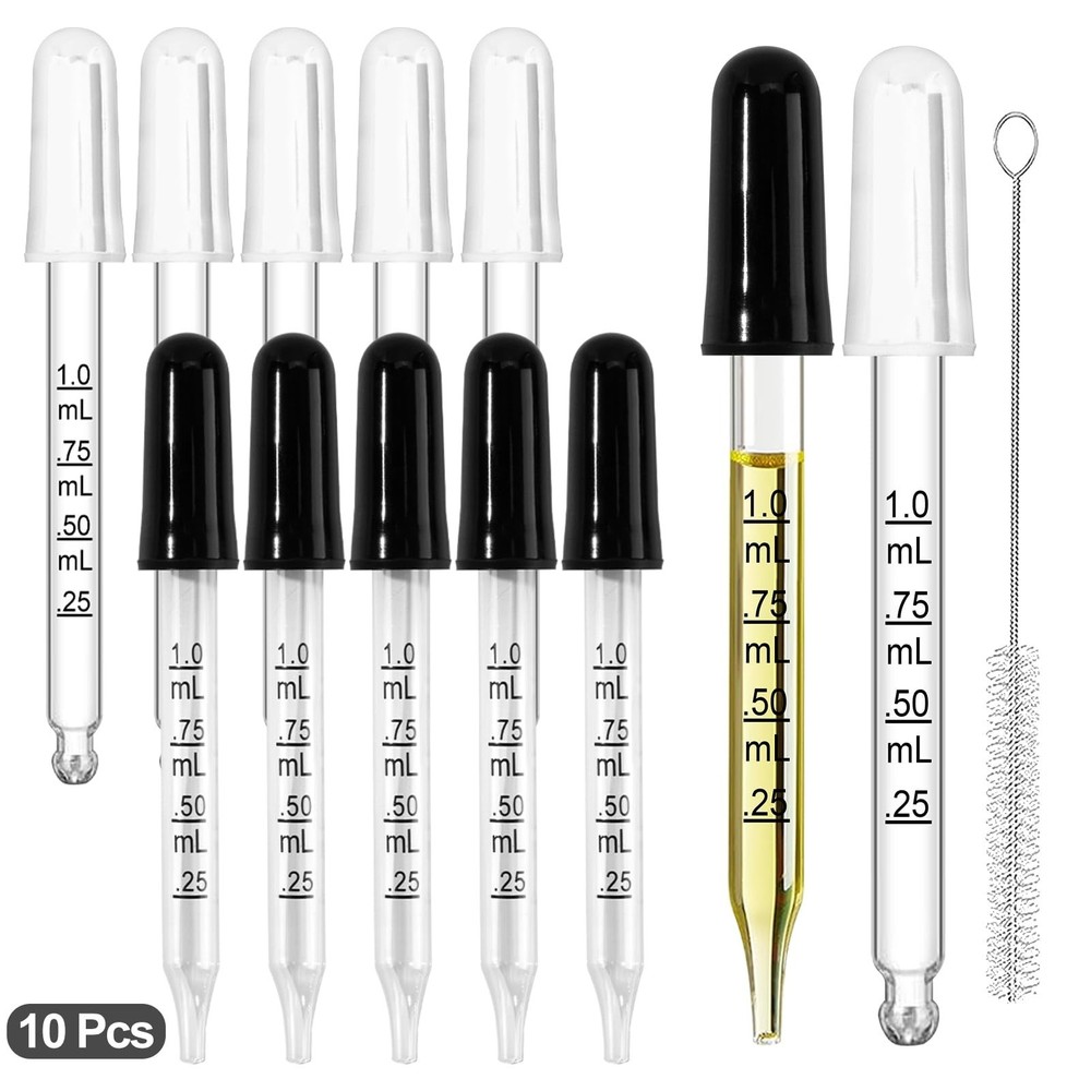 Eye Droppers 10 Pack 1ml Glass Pipette Small Durable Rubber Head White NEW