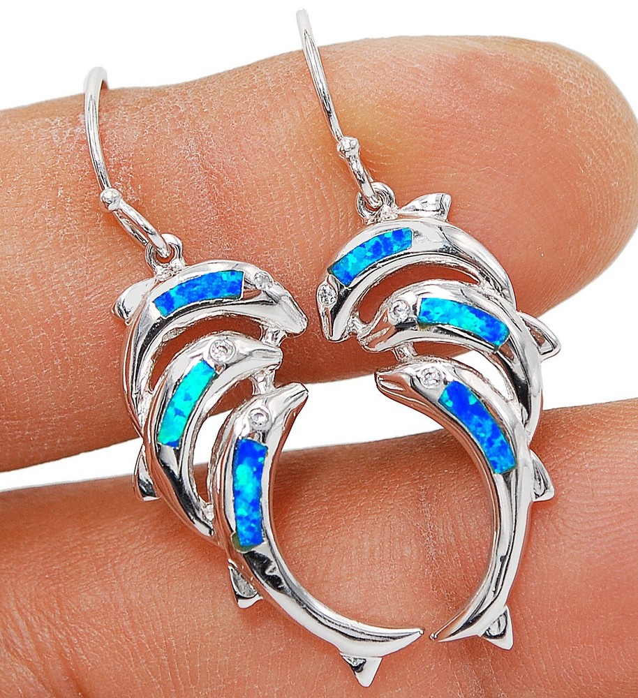 Dolphin Australian Opal Inlay & Topaz 925 Sterling Silver Earrings Jewelry EO1