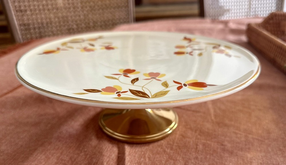 Jewel Tea Autumn Leaf Footed Cake Plate - Metal Pedestal Foot - Hall China
