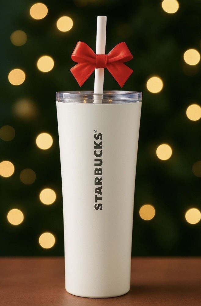 NWT Starbucks 2025 Holiday White Tumbler w/Red Bow Topper