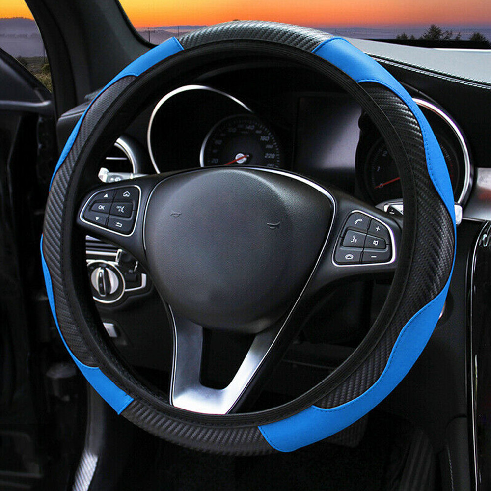 Anti-slip breathable blue & black microfiber leather steering wheel cover