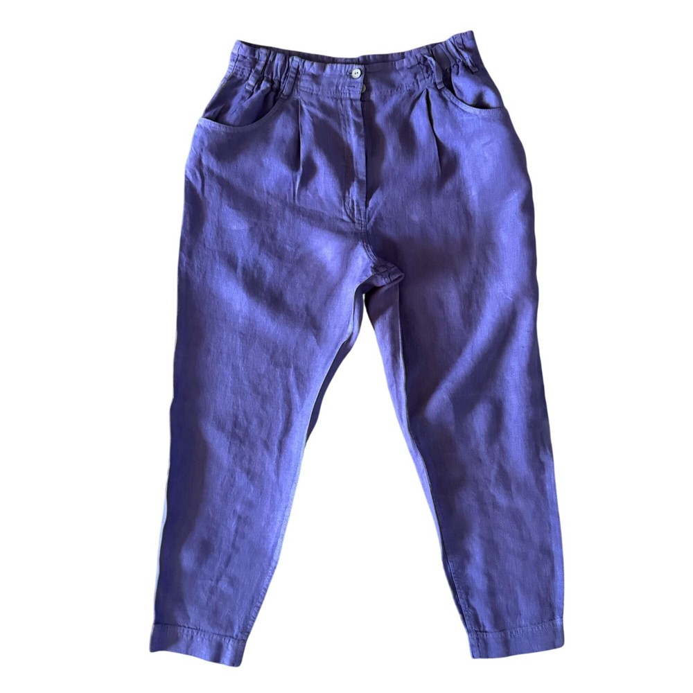Not Perfect Linen Purple Pants Womens M Pleated Buttons Pockets Paperbag Harem