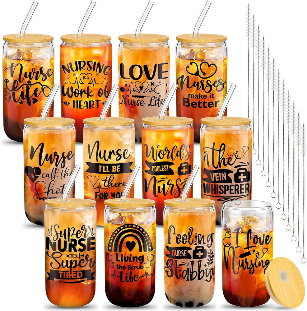 12 Pcs Nurse Gift Set - 16oz Can-Shaped Glass Cups with Lids & Straws