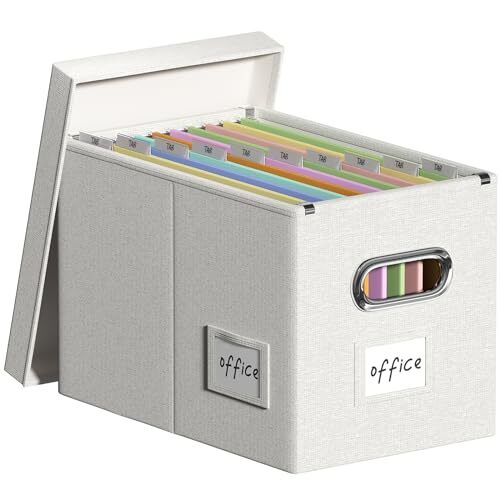 Hanging File Filing Box with Lid, Linen Collapsible File Organizer Box for