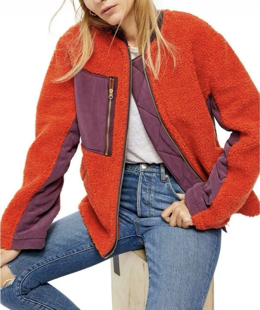 Free People We The Free Rivington Sherpa Jacket Orange Purple Zip Up Sz Medium
