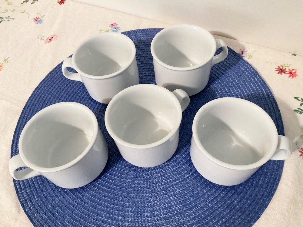 Dansk Cafe Blanc White Stoneware 8 oz Coffee Mugs Set of 5 Flat Cups 2.75