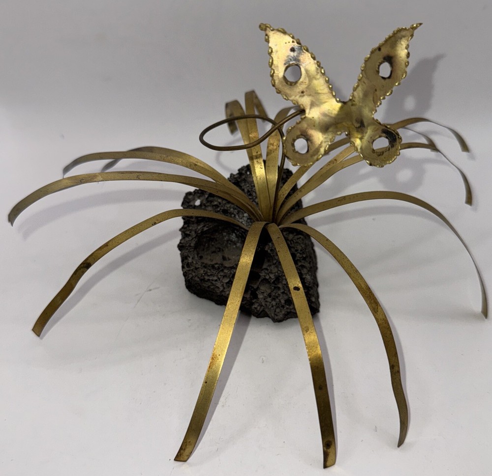 Torched Brass Brutalist Butterfly Lava Rock Grass Sculpture Mid Century