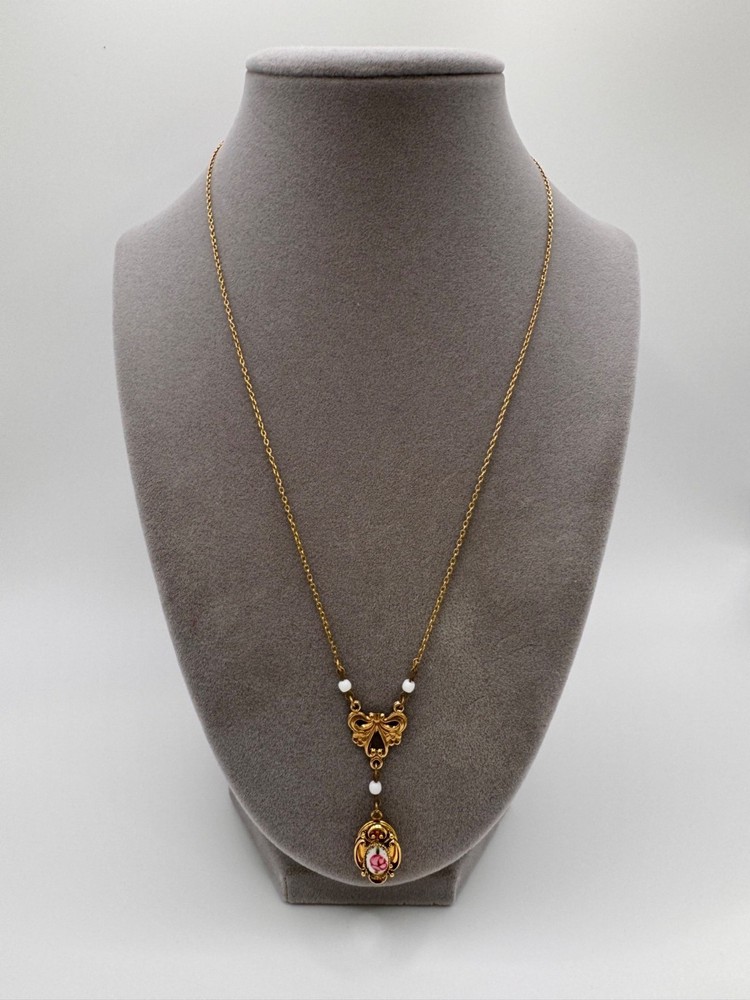 1928 Signed Locket Necklace Pink Flower Enamel Pendant Gold Tone Vintage