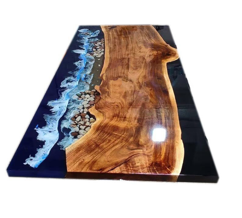 Mesa de centro oceánica, mesa de comedor epoxi, mesa epoxi ola oceánica, mesa de borde vivo