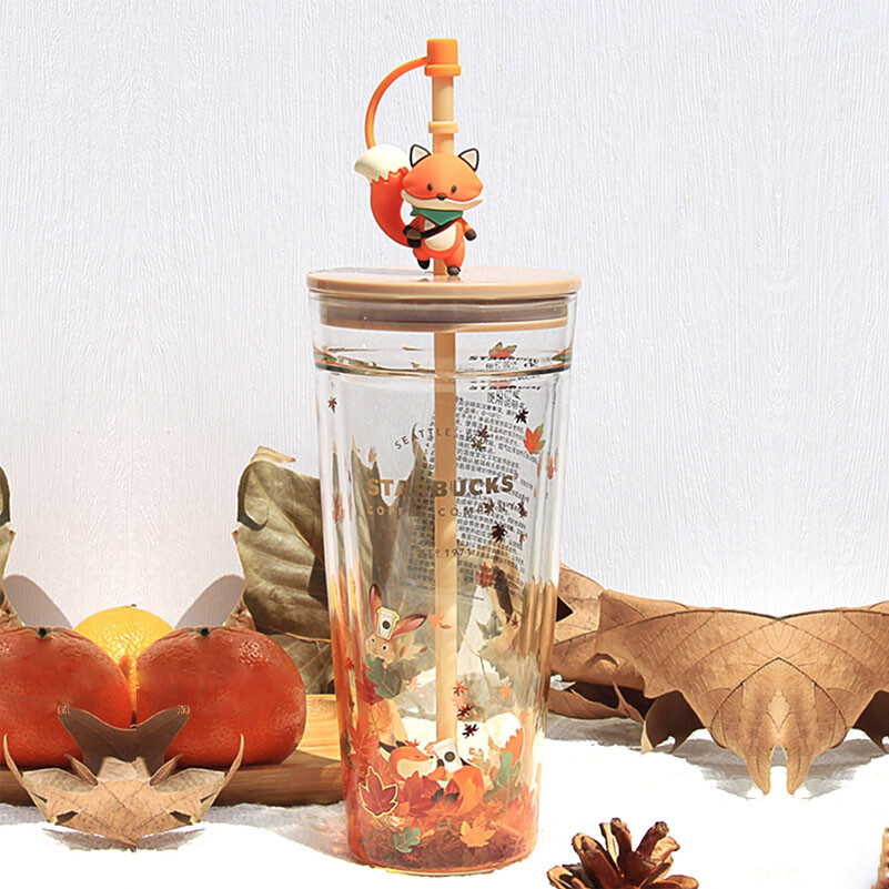 Starbucks Autumn Leaves Rabbit Fox 20oz Double Wall Glass Tumbler with Straw