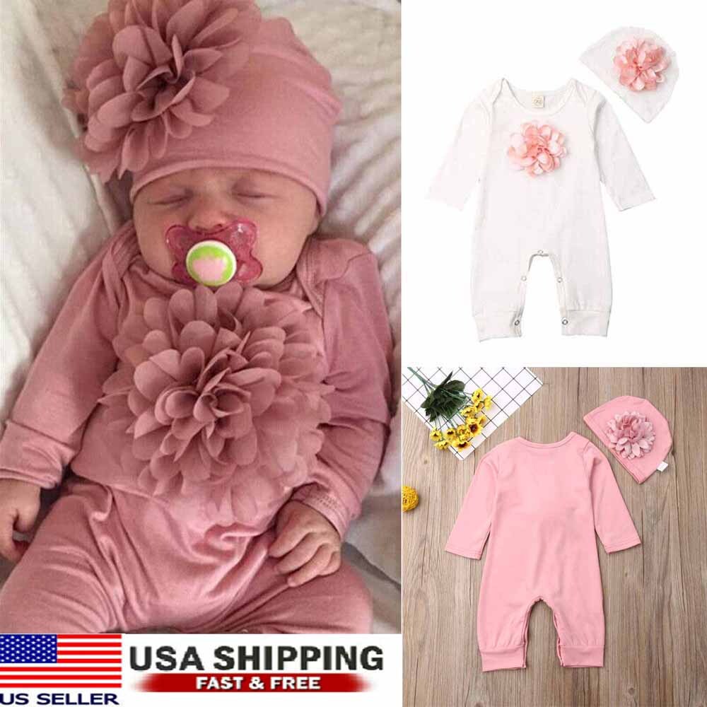 Newborn Baby Girls Flower Bodysuit Romper Jumpsuit Clothes Hat Outfits Set