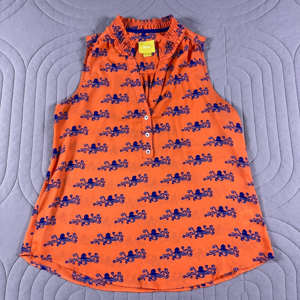 Anthropologie Maeve Blouse Womens 8 Orange Navy Octopus Print Sleeveless Ruffle