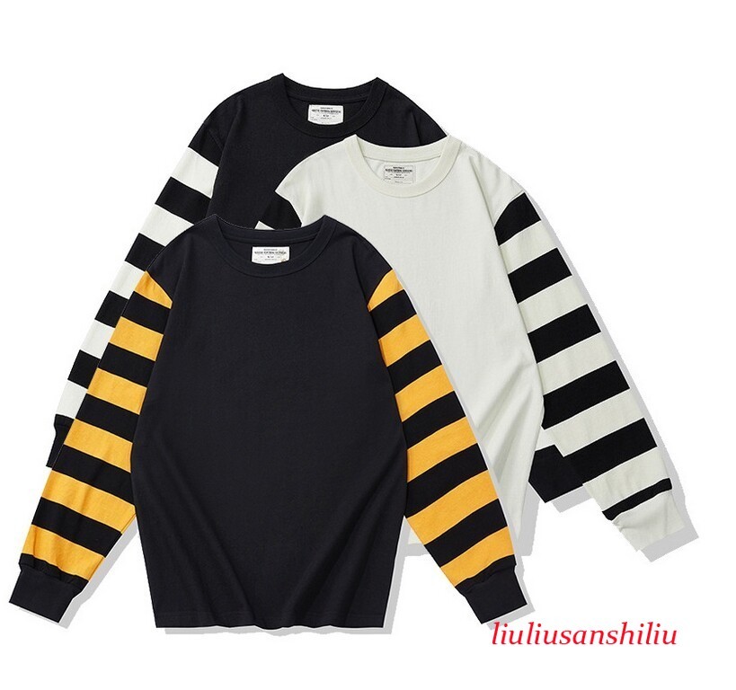 Men's Stripe Motorcycle Long Sleeve T-shirt Biker Tee Retro Casual Cotton Shirt