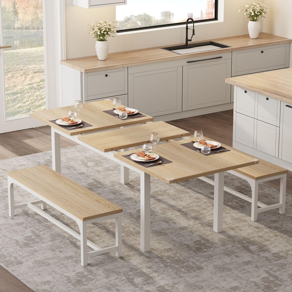 Modern 6-Person Dining Table Set with 2 Benches & Stools for Kitchen and Dinette