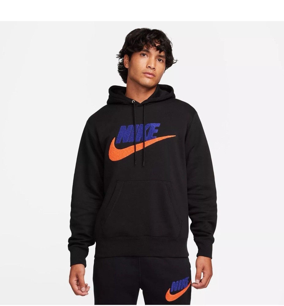 Nike Club Fleece Men’s Pullover Hoodie Black/Royal Blue/Orange Size M NWT