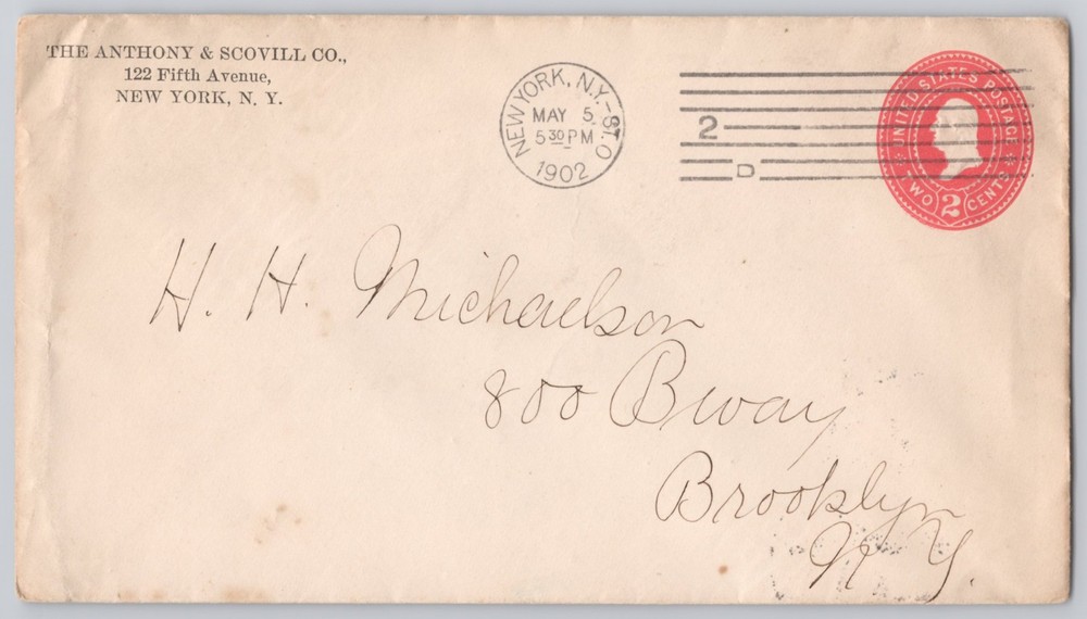 New York, NY Anthony & Scovill, 122 Fifth Ave envelope, Un 1902