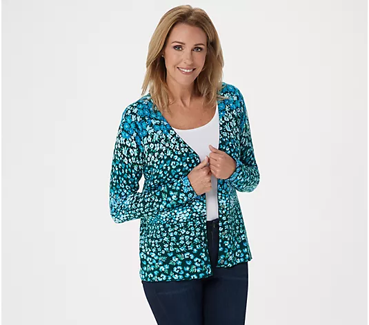 Isaac Mizrahi Live! Ditsy Floral Printed Button Front Cardigan Aqua Multi 2X
