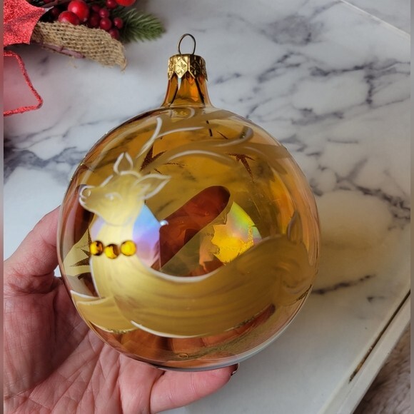 Dillard's Trimmings NEW IN BOX Gold Reindeer Hand Painted Christmas Ornament