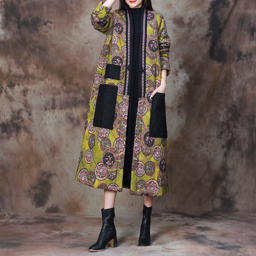 Women's Floral Retro Cotton Linen Padded Long Jacket Cozy Outerwear