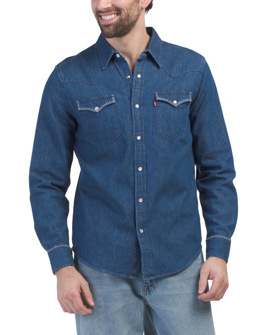 Levi's Mens Classic Western Standard Fit Snap Front Denim Blue Levis Shirt Sz- M