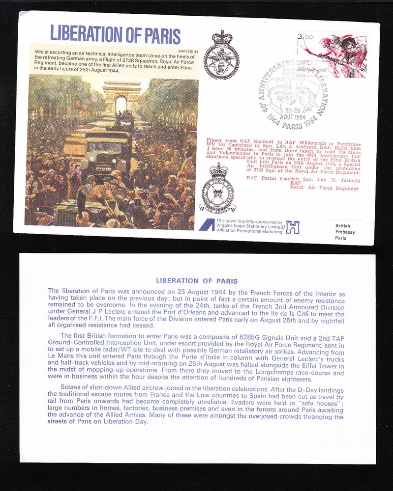 Great Britain Flown Cover WWII RAF LIberation of Paris France 1984 & Insert   (