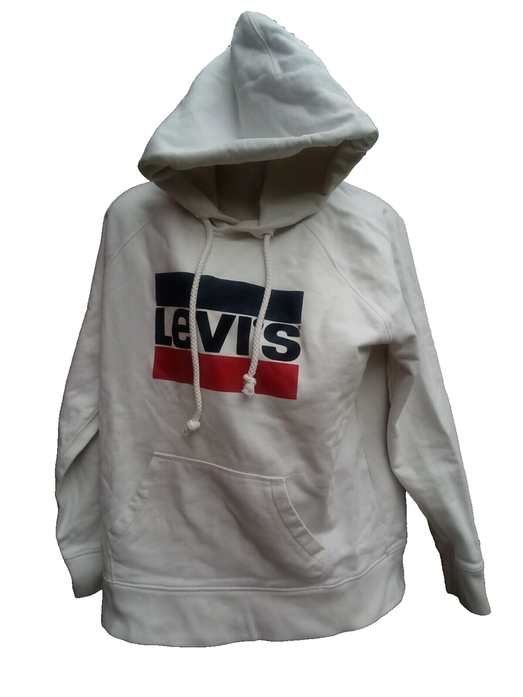 Levi's Women's White Graphic Print Fleece Lined Pullover Sport Hoodie UK M