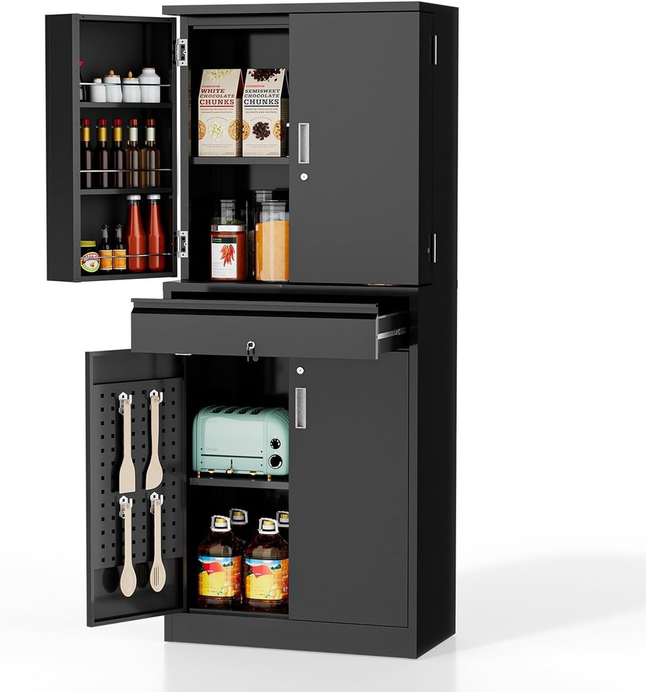 71-Inch Black Metal Pantry Cabinet with Drawers and Doors for Kitchen Storage  