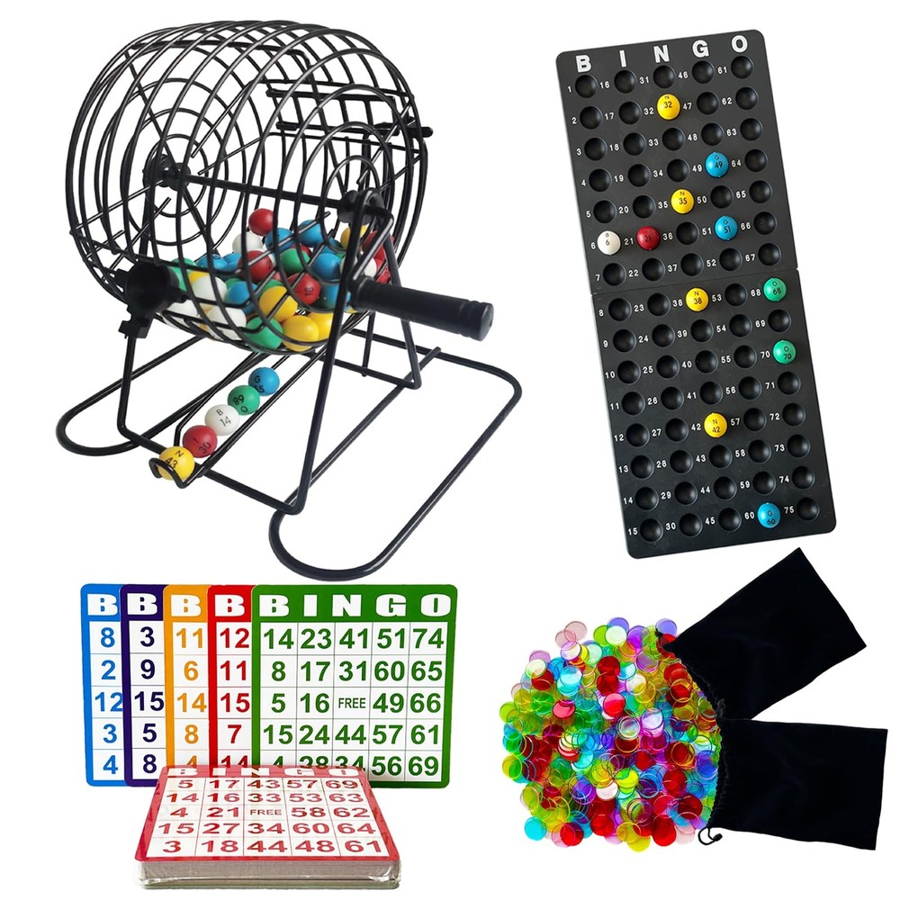 Deluxe Bingo Game Set - 8 Inch Metal Cage, 50 Bingo Cards, 600 Bingo Chips, B...