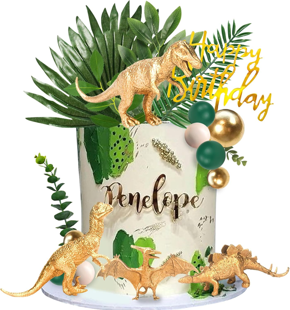 21-Piece Gold Dinosaur Cake Topper Set with Green Ball Decorations for Birthday Parties