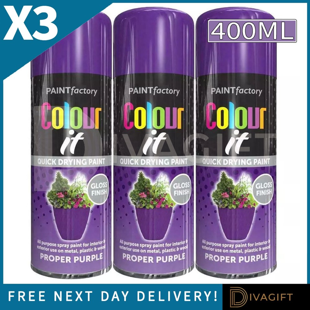 3 x PROPER PURPLE GLOSS FINISH SPRAY PAINT 400ML FOR METAL PLASTIC WOOD NEW